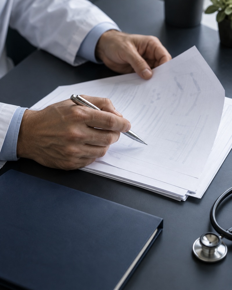 Escena ilustrativa de revisión de documentación médica